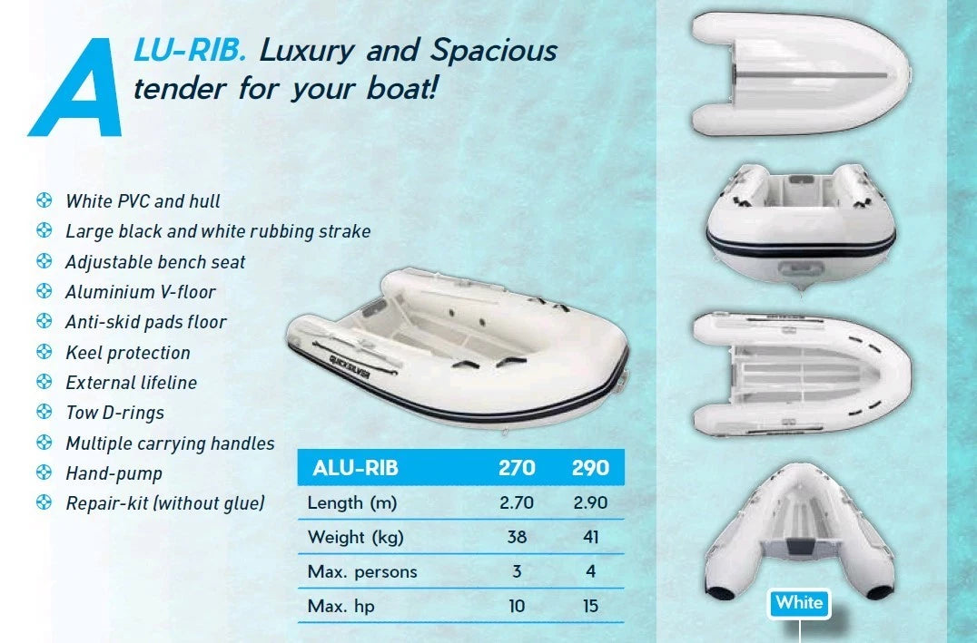 New Quicksilver Alu Rib 270 Ultralight Boat Tender & Mercury 3.5hp Outboard